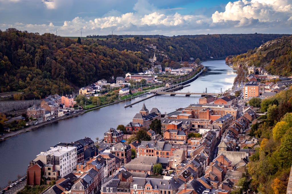 Aerial View of City Buildings Near Meuse River in Dinant, Wallonia, Belgium